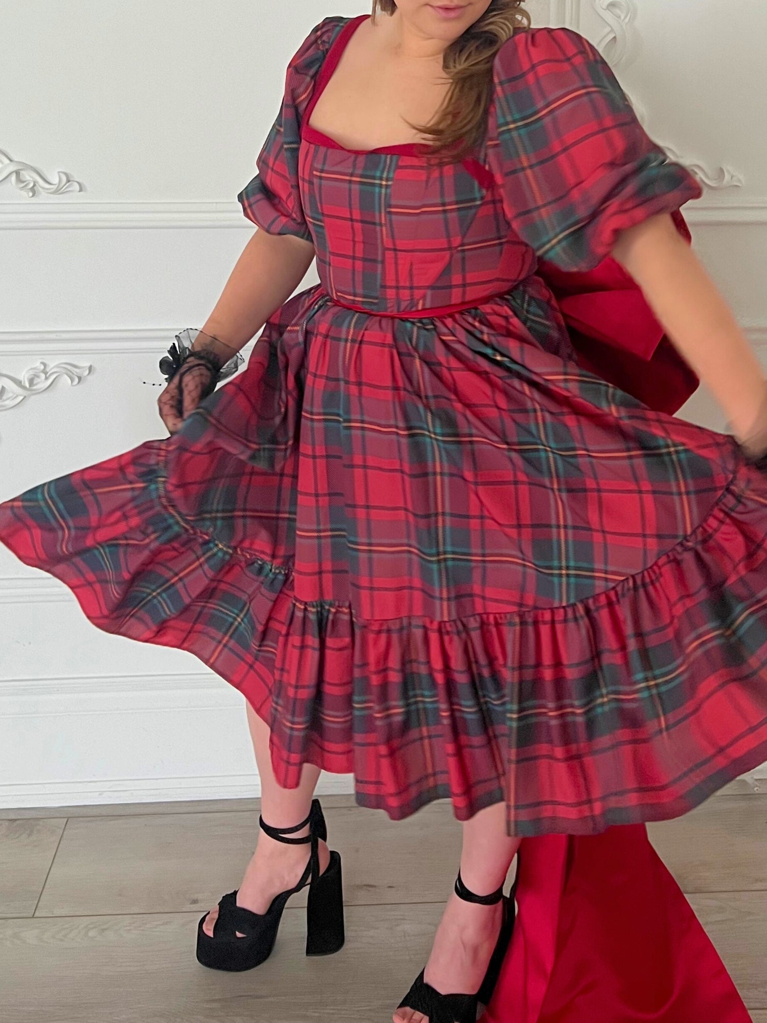 Red and gray plaid Winter Tartan Josephine Midi Dress with a full skirt and grand bow sash