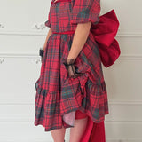 Red and gray plaid Winter Tartan Josephine Midi Dress with short sleeves and ruffled hem