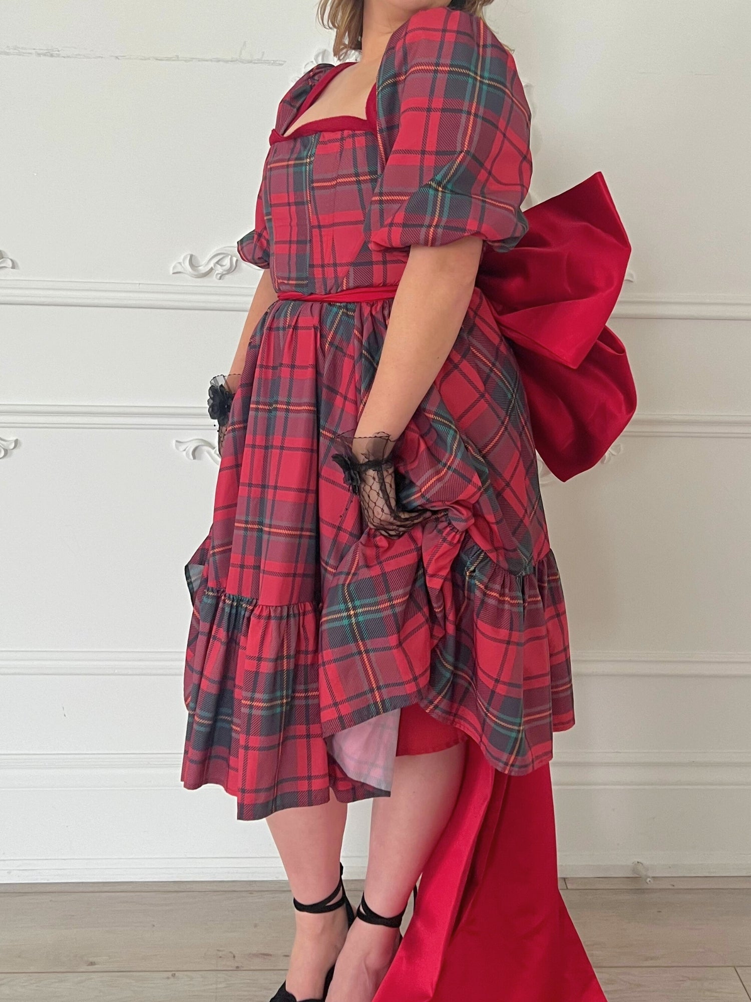 Red and gray plaid Winter Tartan Josephine Midi Dress with short sleeves and ruffled hem