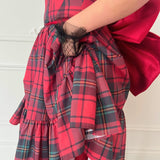 Red and gray plaid Winter Tartan Josephine Midi Dress with gathered waist and ruffled skirt