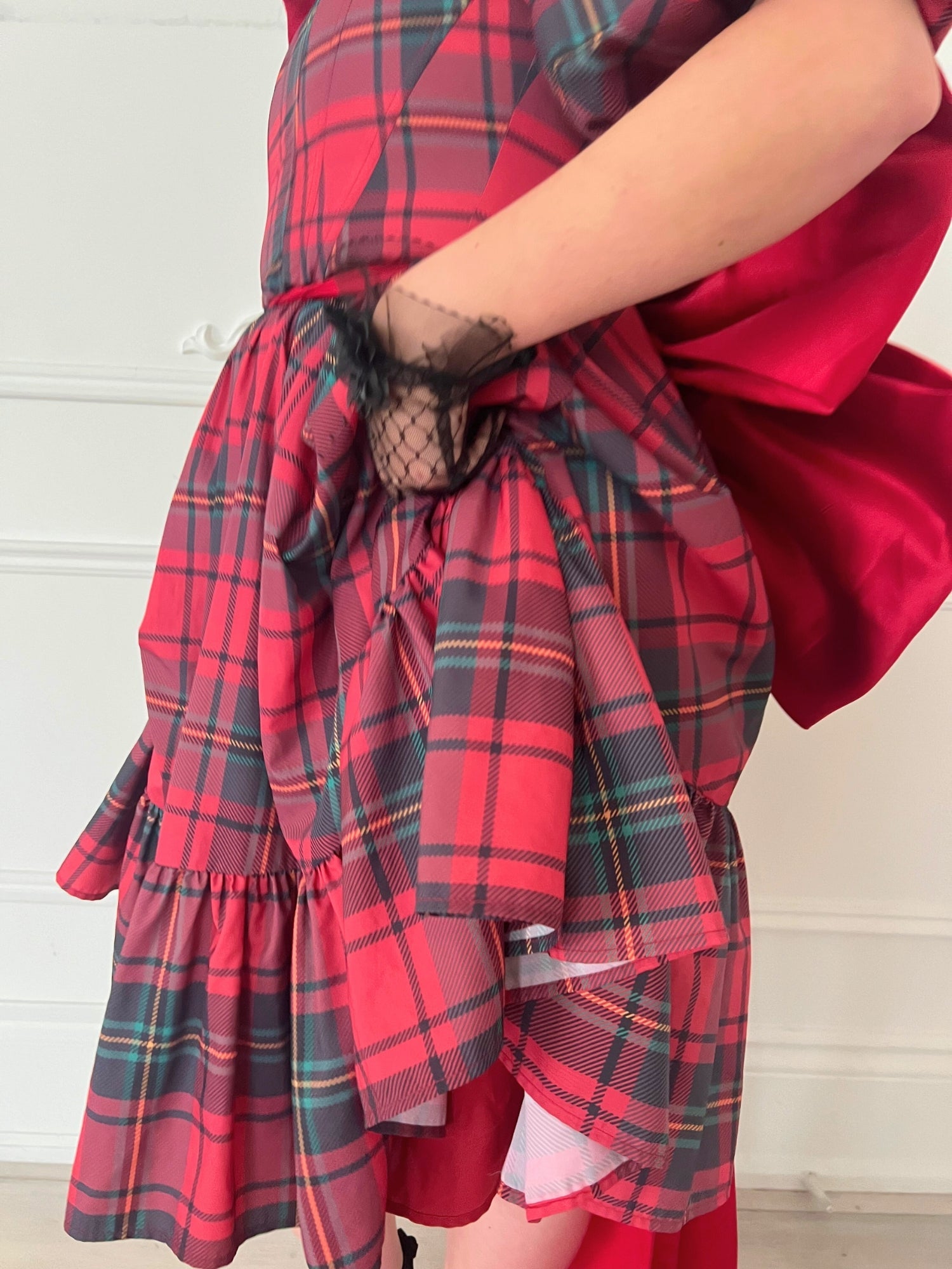 Red and gray plaid Winter Tartan Josephine Midi Dress with gathered waist and ruffled skirt