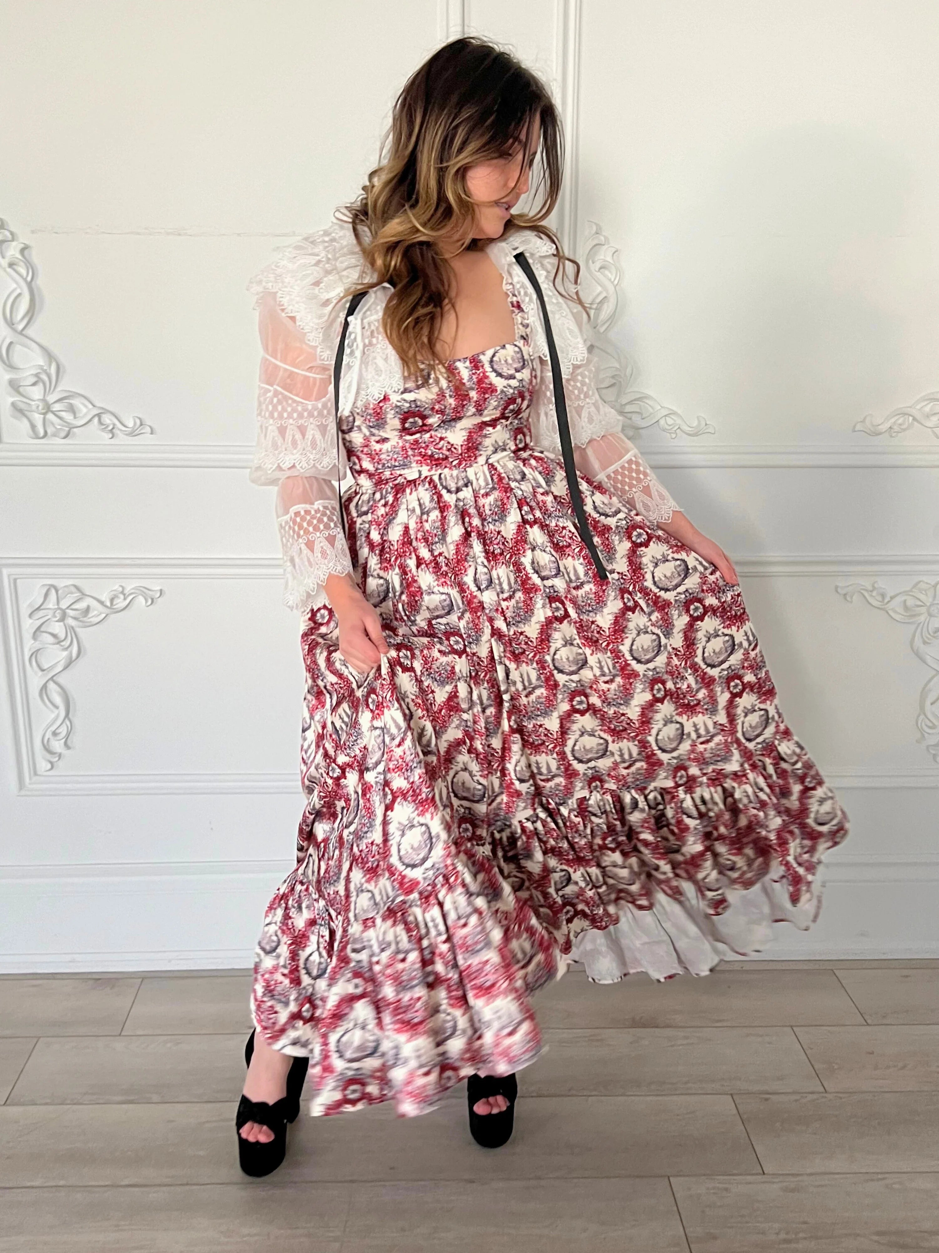 Floral maxi dress with lace cardigan from the Winter Toile Satin Everyday Dress collection