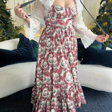 Floral maxi dress with white lace sleeves, part of the Winter Toile Satin Everyday Dress