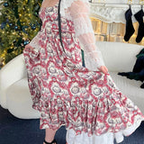 Ornate pink and white floral Winter Toile Satin Everyday Dress with lace sleeves