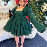 Dark green Woodland Fairy Puff dress with puffy sleeves and a full skirt