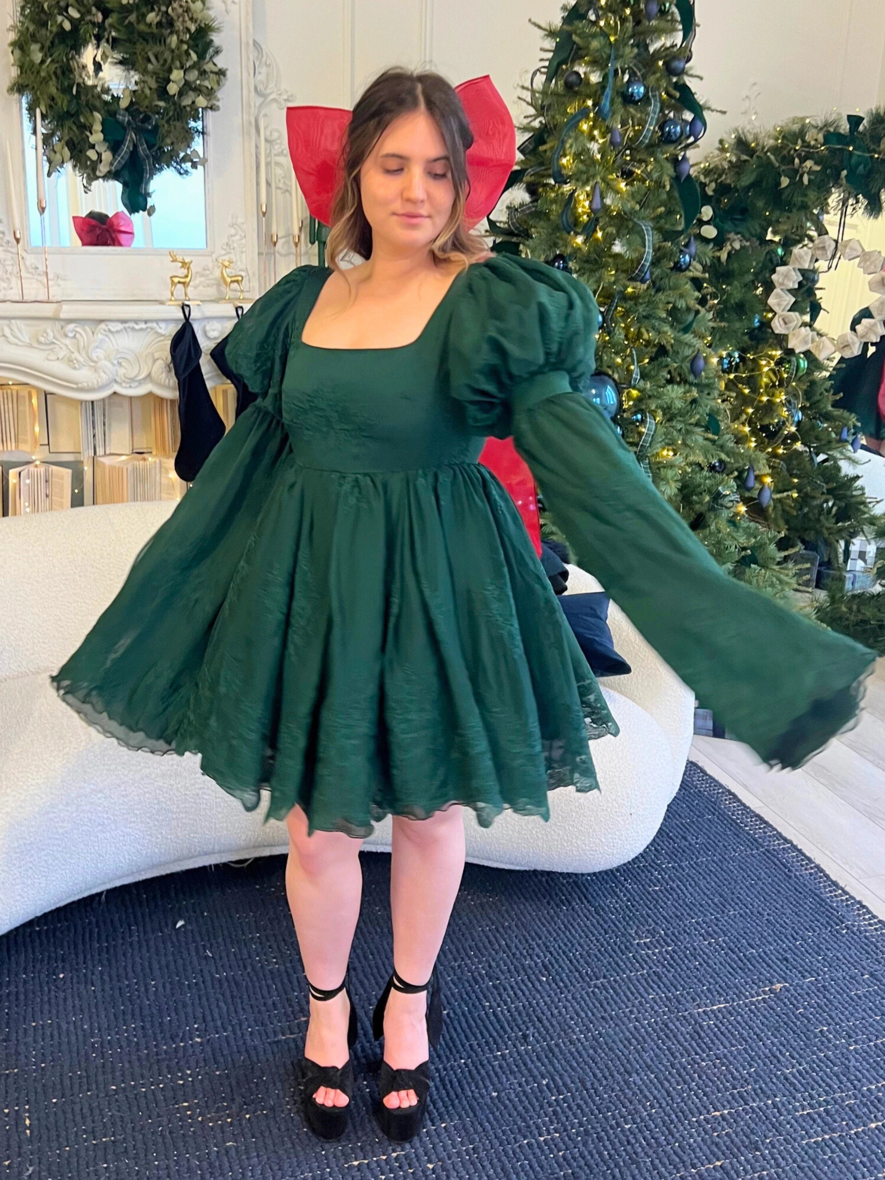 Dark green Woodland Fairy Puff dress with puffy sleeves and a full skirt