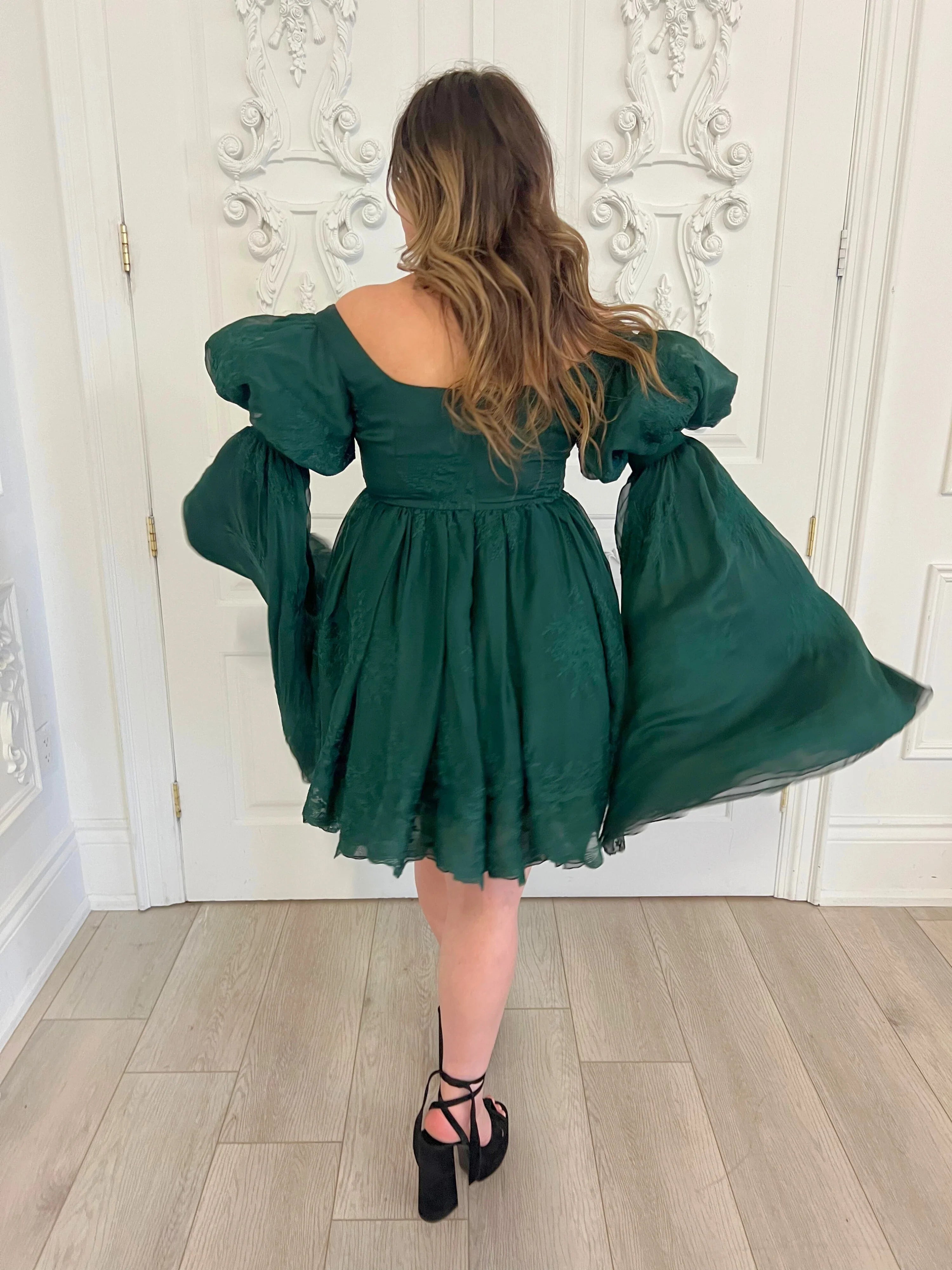 Emerald green Woodland Fairy Puff dress featuring dramatic puff sleeves and a flared skirt