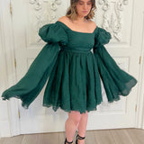 Emerald green Woodland Fairy Puff dress with puff sleeves and flared skirt