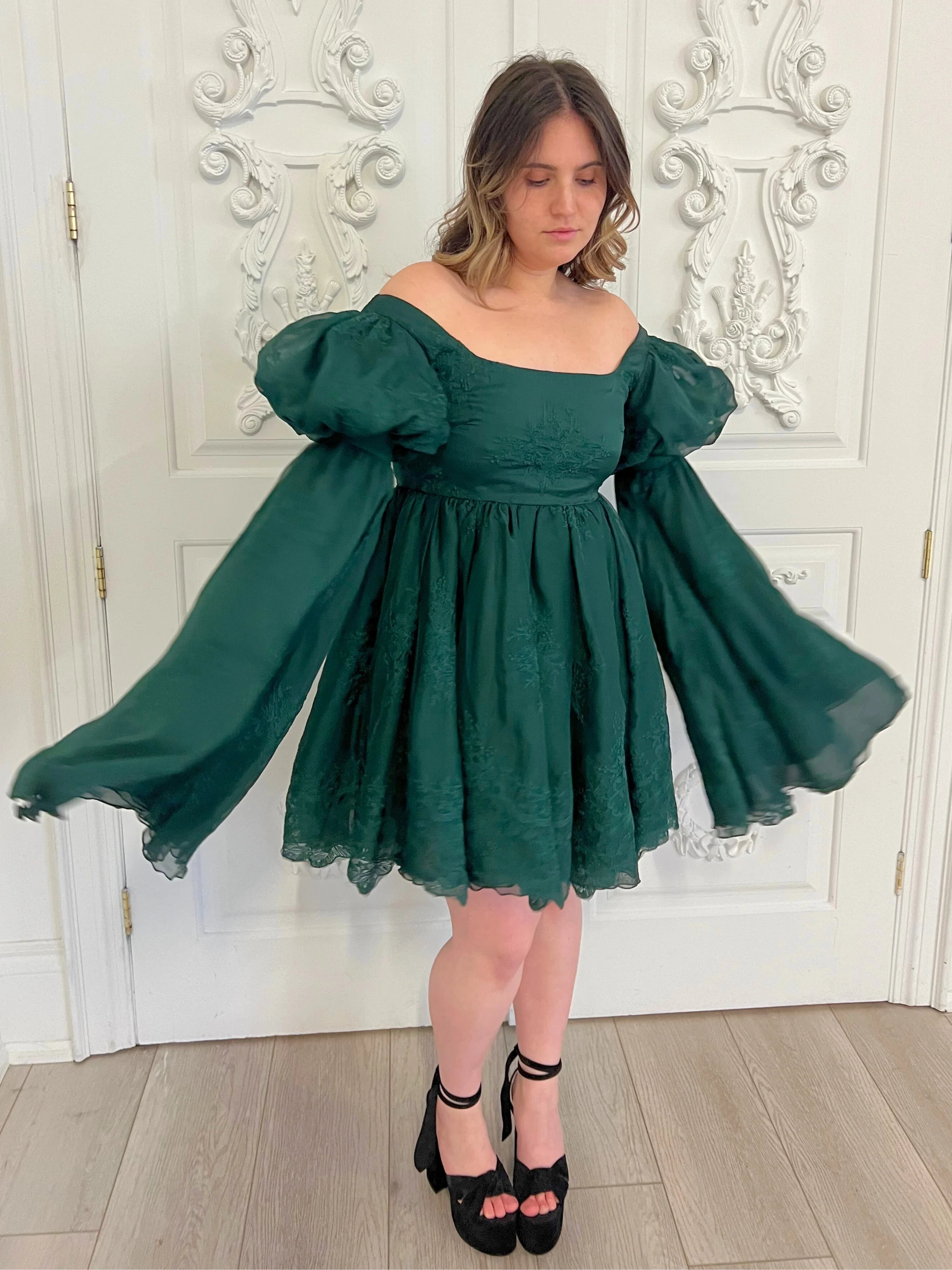 Emerald green Woodland Fairy Puff dress with puff sleeves and flared skirt