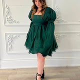 Emerald green Woodland Fairy Puff dress with puffed sleeves and lace-trimmed skirt