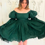 Emerald green Woodland Fairy Puff featuring off-shoulder design and puffy sleeves