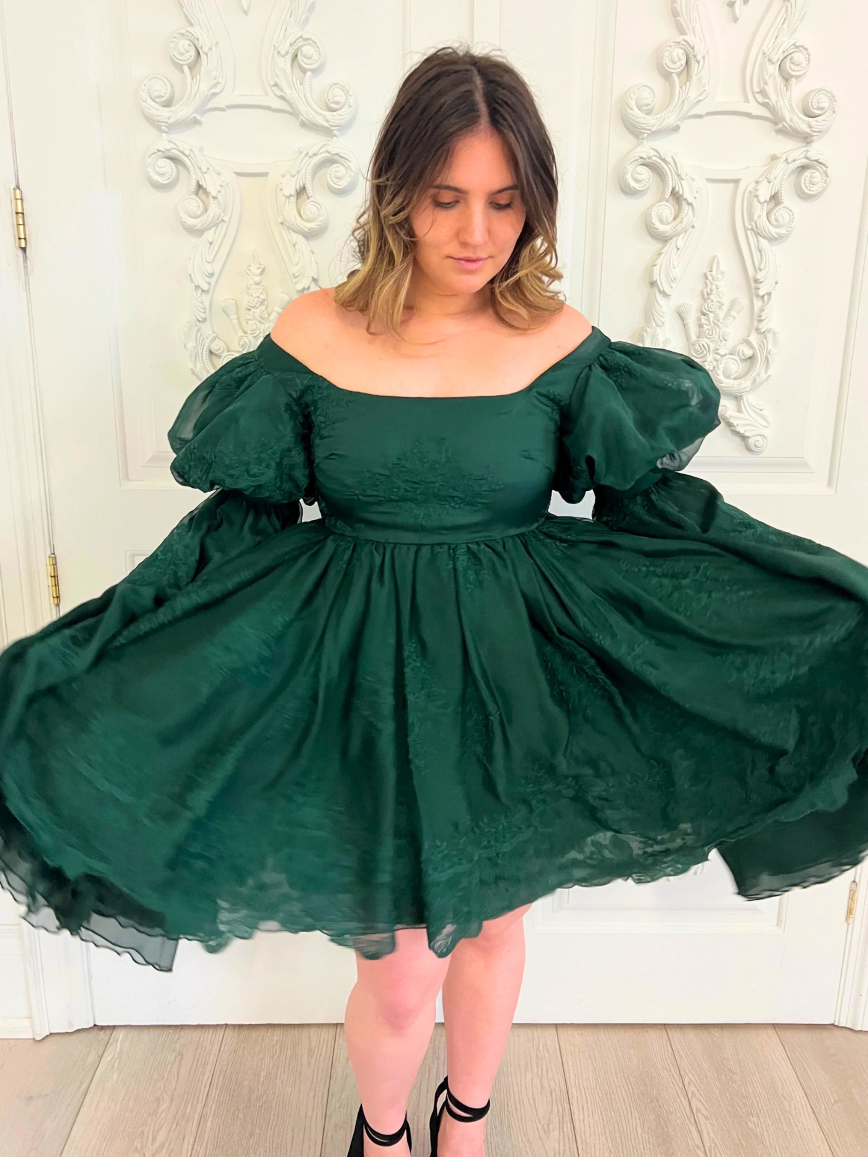 Emerald green Woodland Fairy Puff featuring off-shoulder design and puffy sleeves