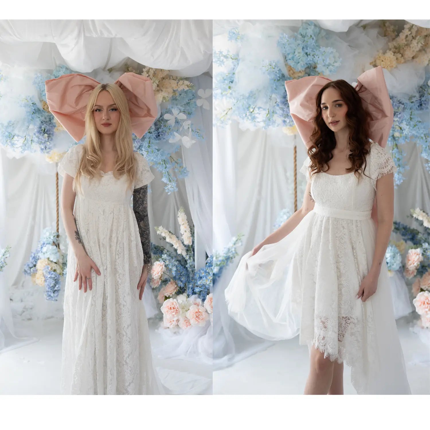 Two women in lace maxi dresses surrounded by florals